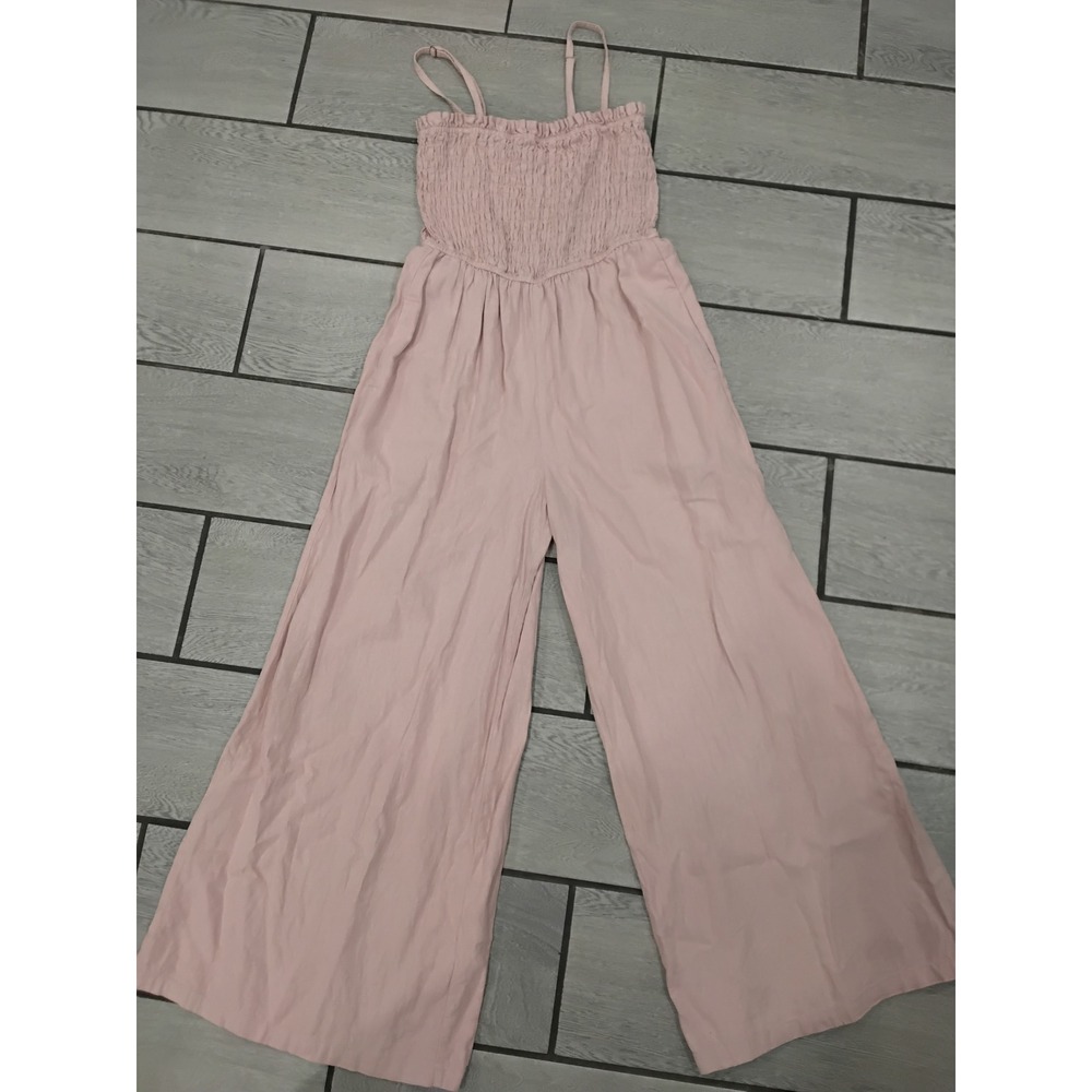 Pilcro Anthropologie Pink Linen Blend Smocked Wide‎ Leg Jumpsuit XS OB2189230